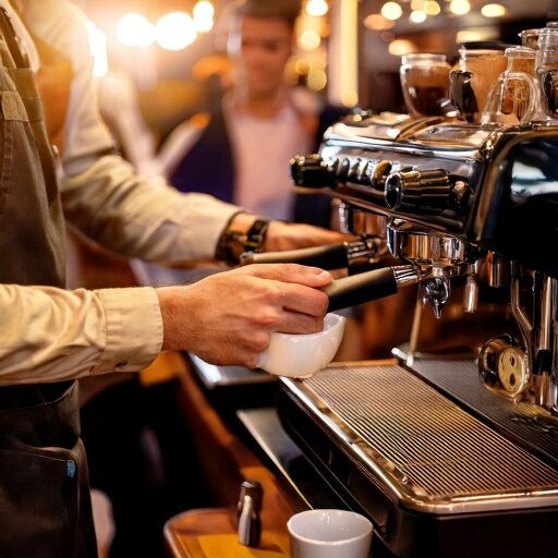 Firefly barista handen bij koffiemachine met geblurde gezellige mensen op de achtergrond 41536 Firefly barista handen bij koffiemachine met geblurde gezellige mensen op de achtergrond 41536