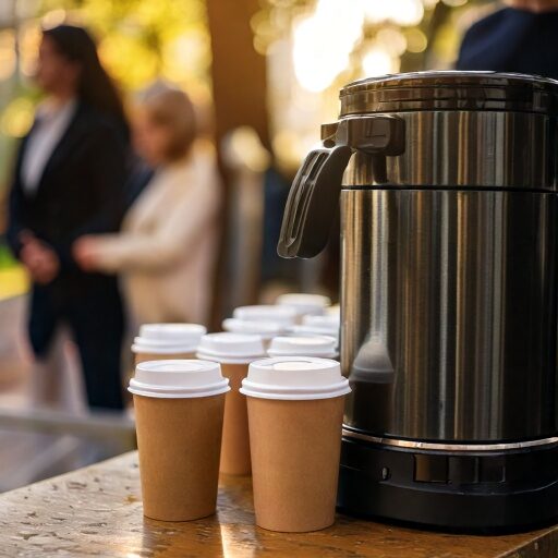 Firefly koffie catering met mensen op achtergrond, grote koffie thermos en een paar kartonnen bekers Firefly koffie catering met mensen op achtergrond, grote koffie thermos en een paar kartonnen bekers